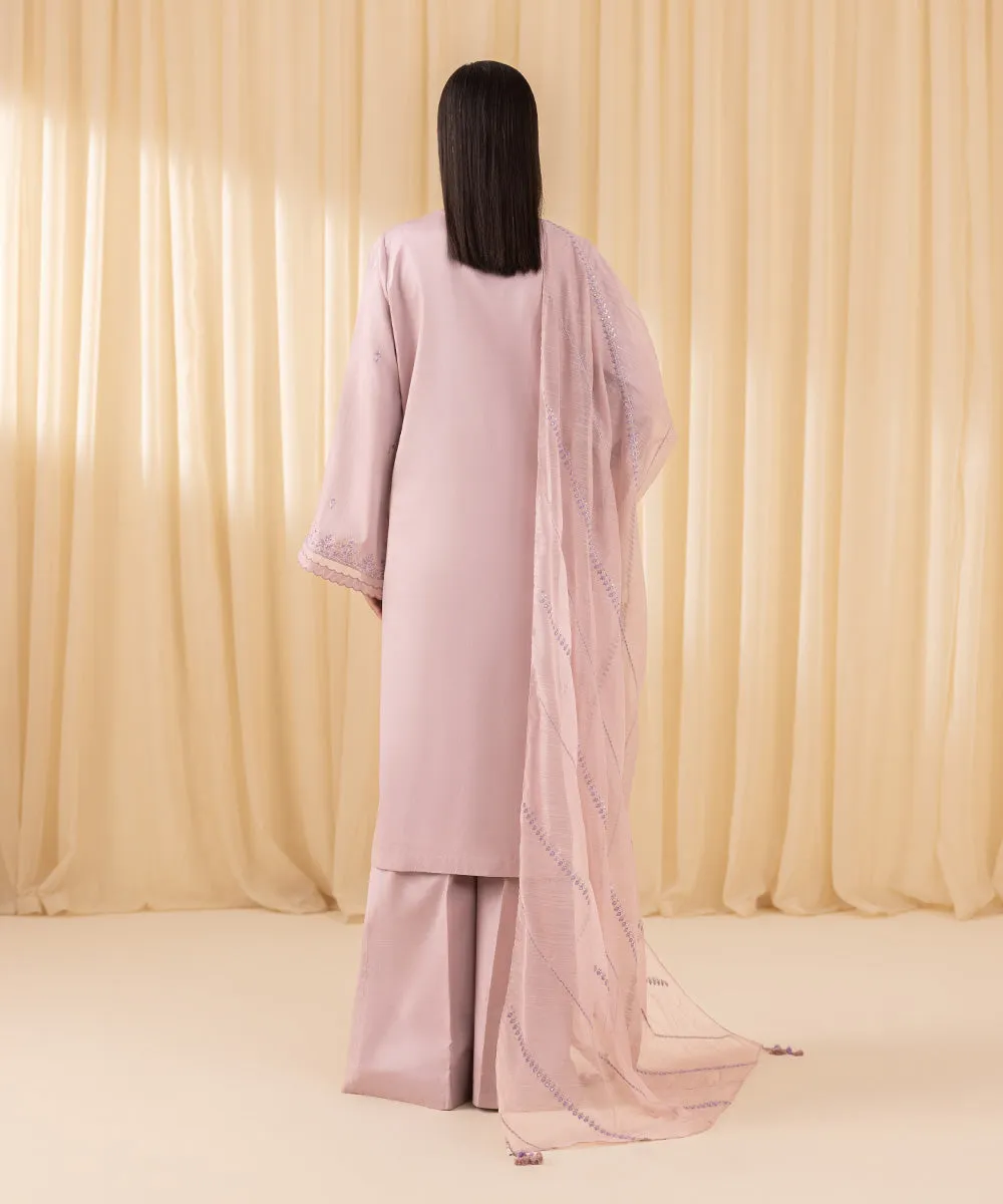 3 Piece -  Embroidered Cotton Satin Suit