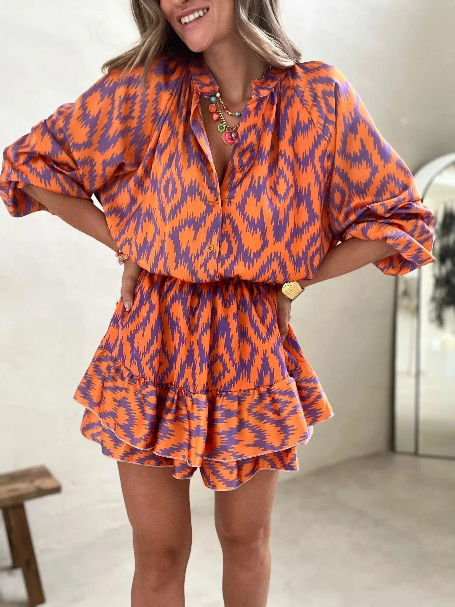 Blouse and Shorts Set - Graphic Pattern - Vivid Colors - Perfect for Summer Days