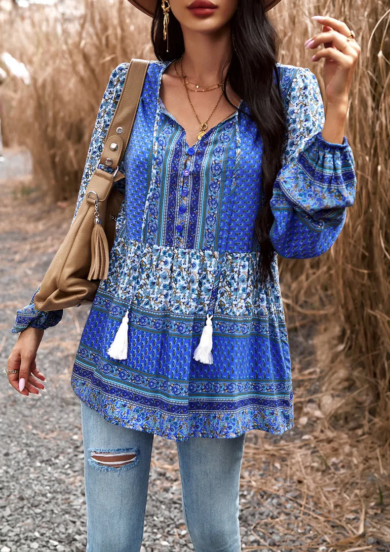 Blue Casual Floral V Neck Long Sleeve Loose Blouses