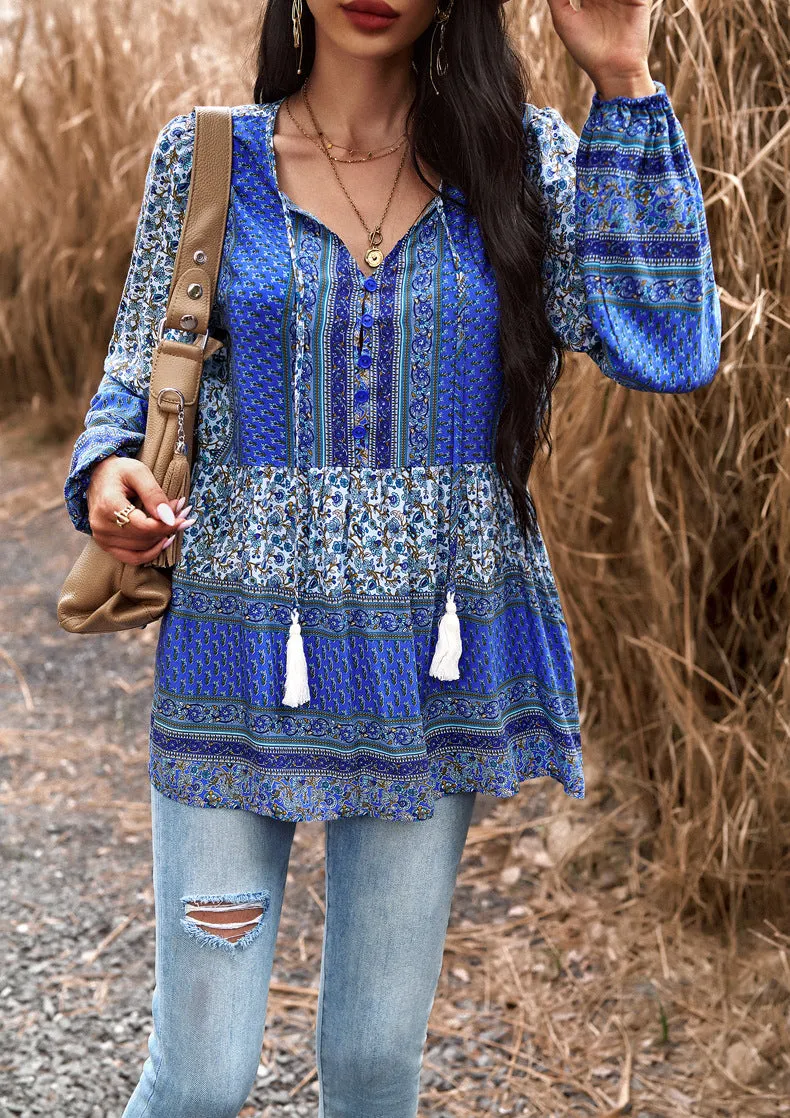 Blue Casual Floral V Neck Long Sleeve Loose Blouses