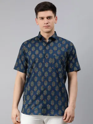 Blue Cotton Short Sleeves Shirts For Men-Mmh03