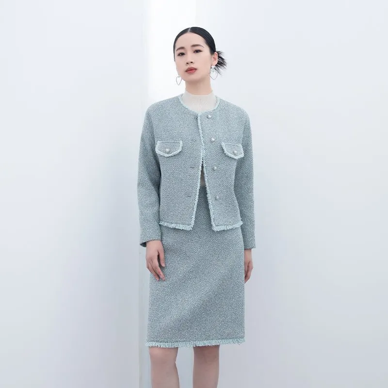 Blue-green Pearl Button Short Tweed Coats