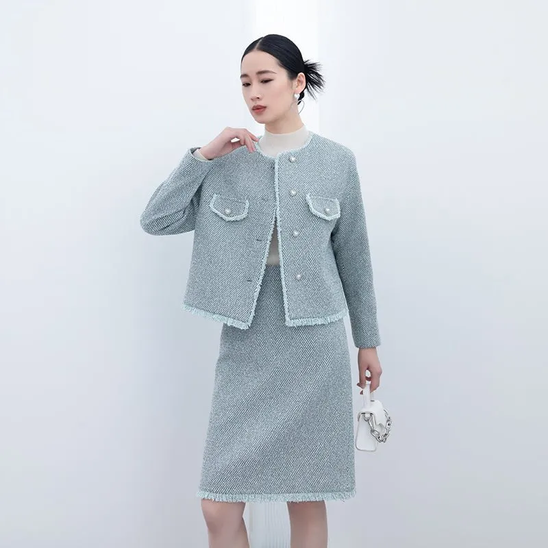 Blue-green Pearl Button Short Tweed Coats