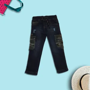 Boys Navy Solid Jeans with Army Patch