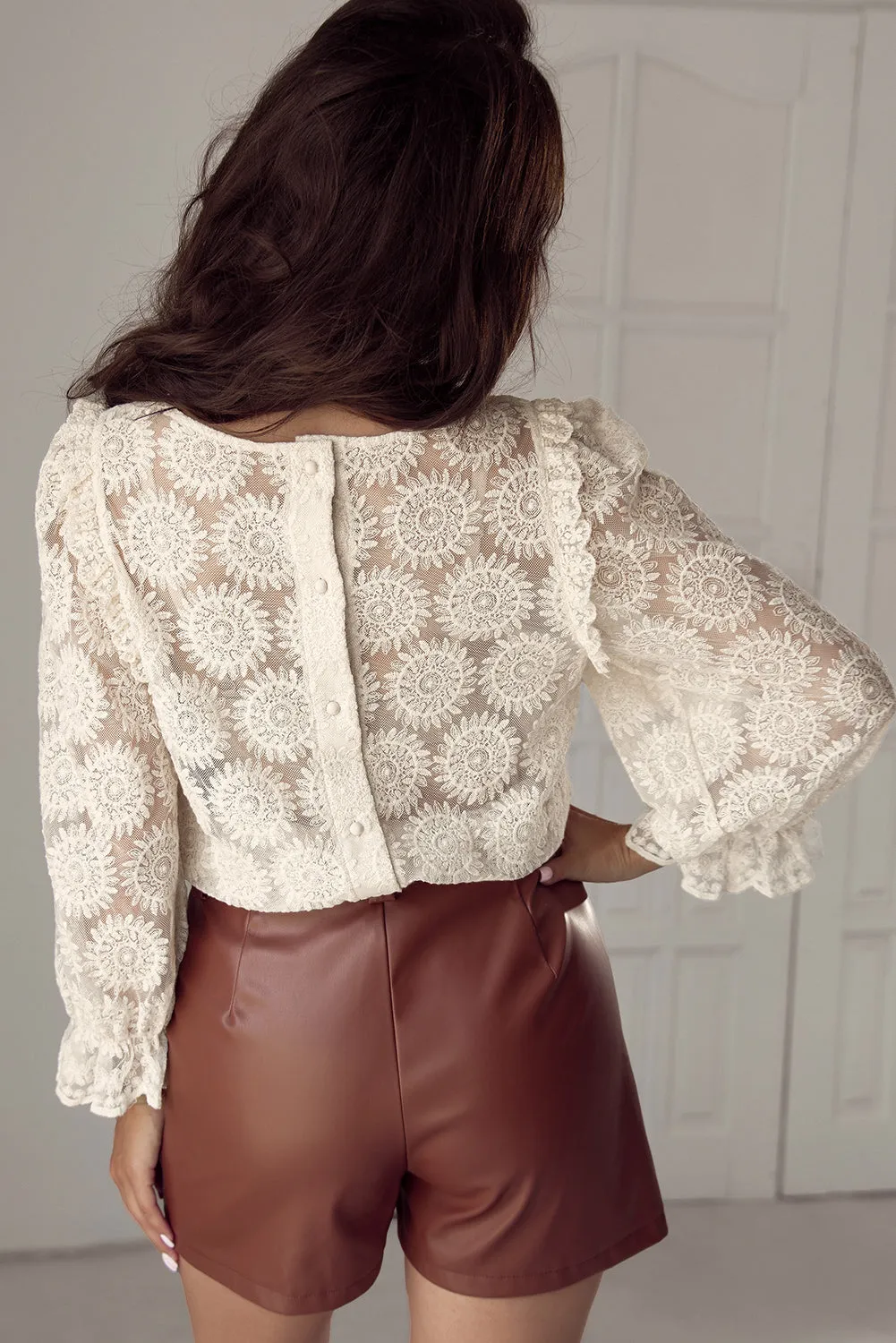 Button Back Ruffled 3/4 Sleeve Blouse