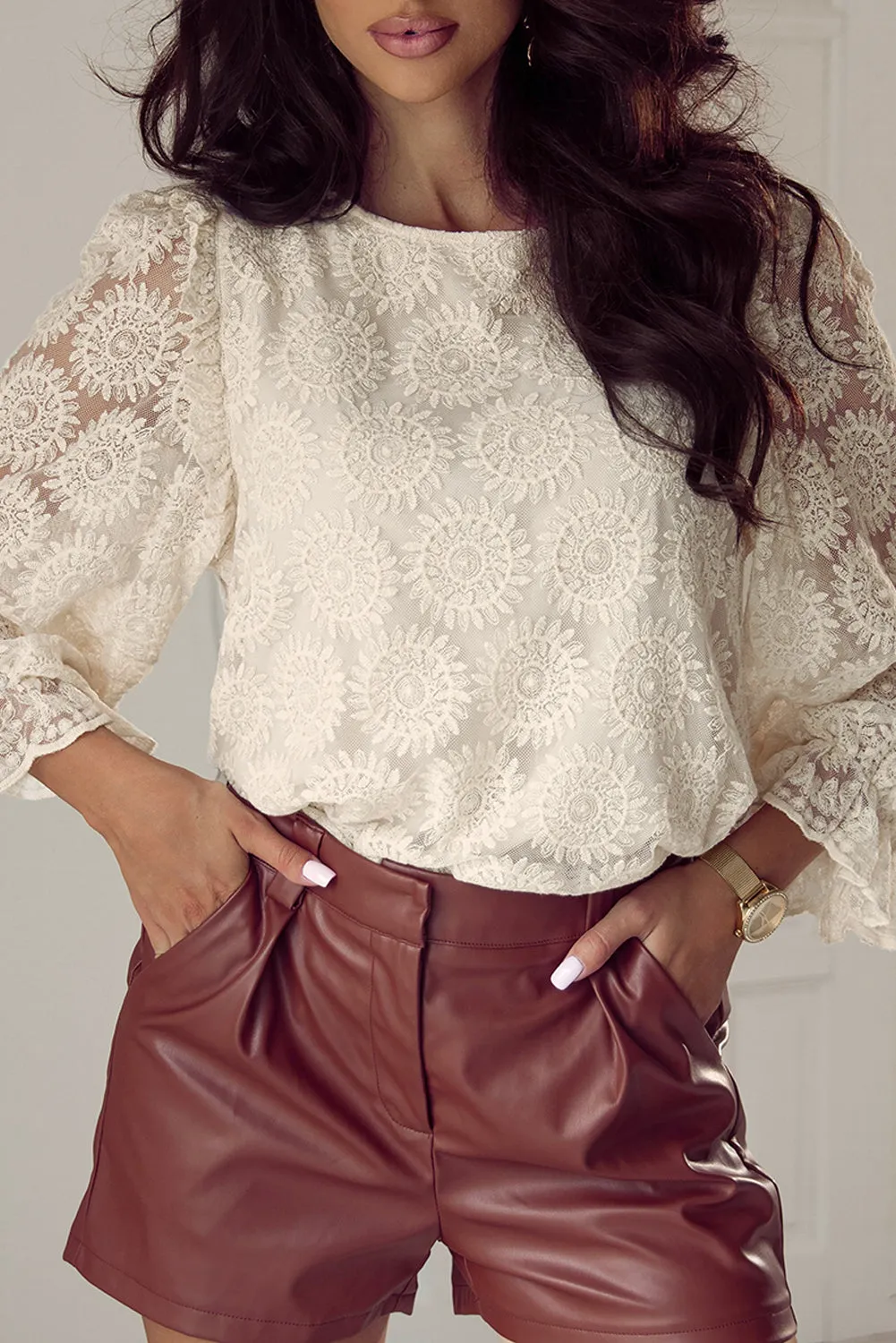 Button Back Ruffled 3/4 Sleeve Blouse