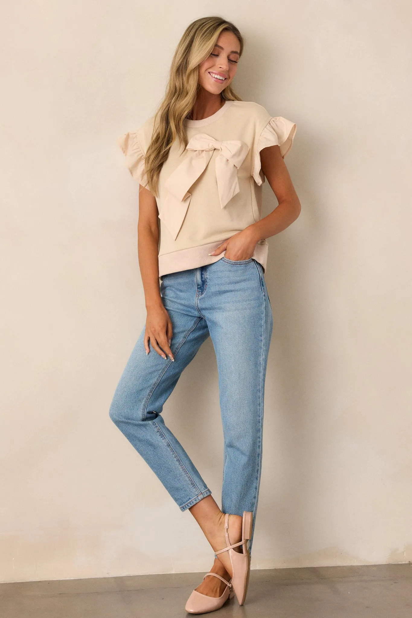 Can't Stop Me Beige Ruffle Sleeve Bow Top