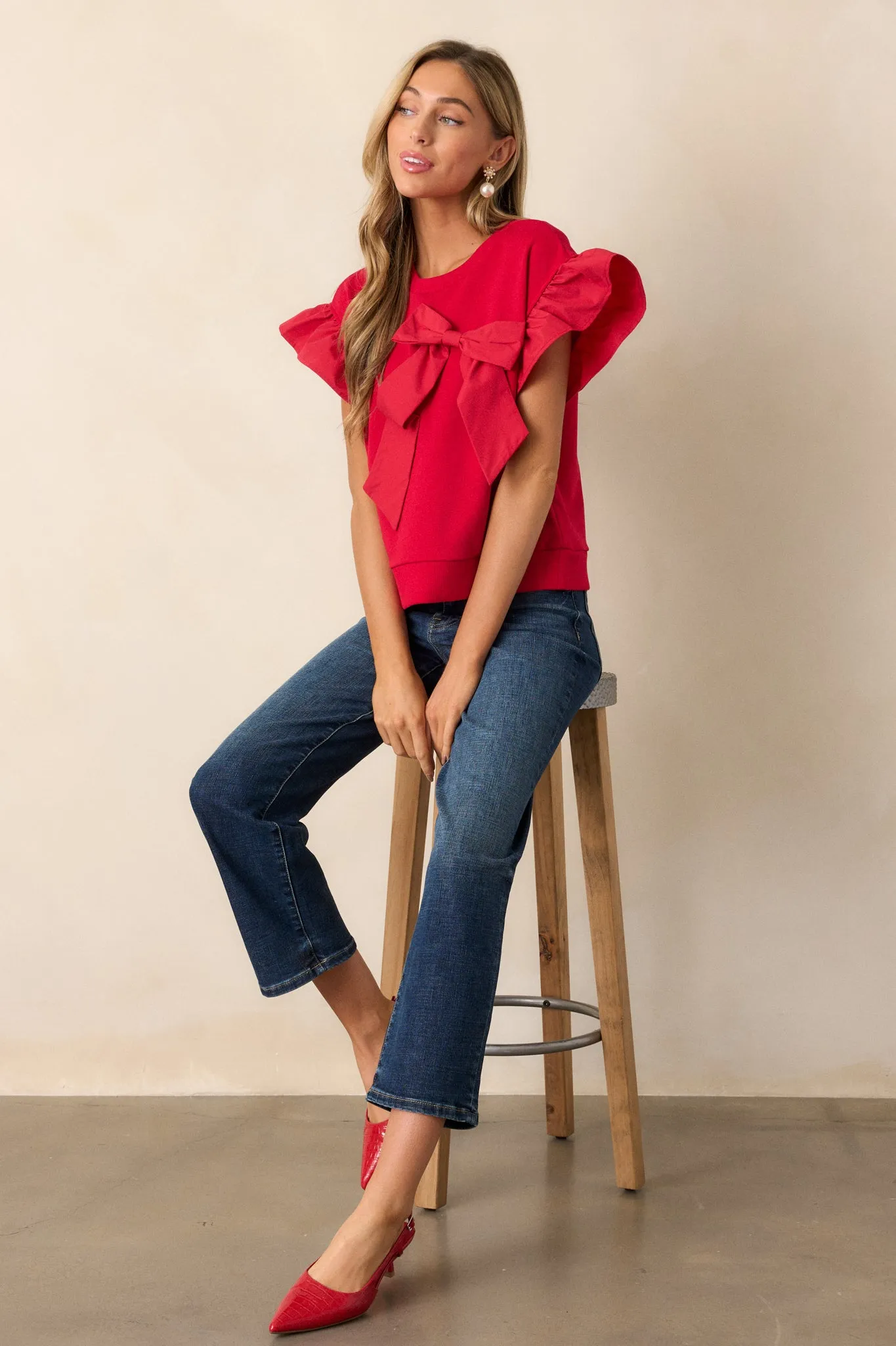 Can't Stop Me Red Ruffle Sleeve Bow Top