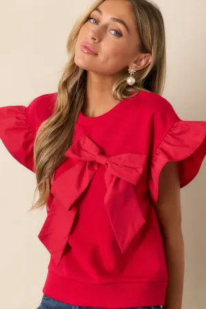 Can't Stop Me Red Ruffle Sleeve Bow Top