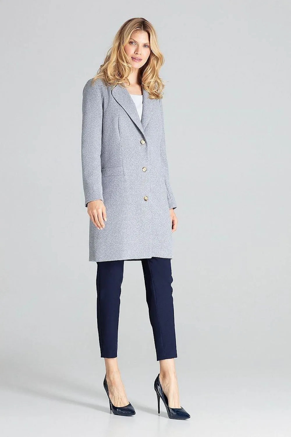 Chic Grey Mid-Length Coat with Elegant Collar and Trendy 3-Button Front Closure