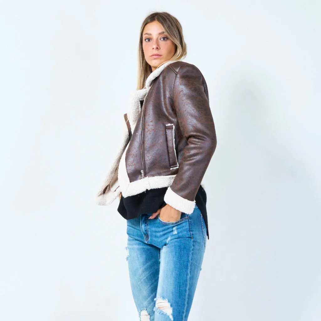 Classic aviator faux leather jacket wholesale