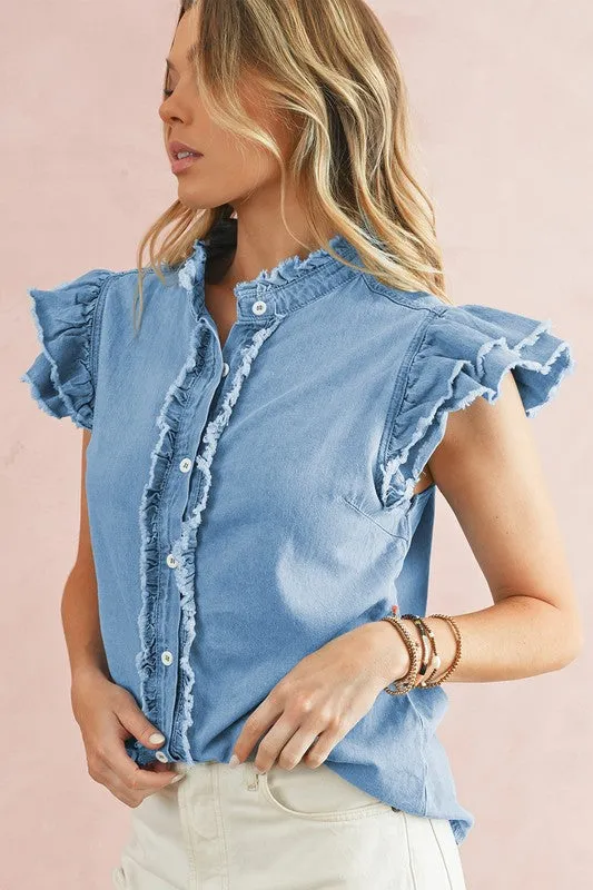 Cotton Denim Button Frill Ruffle Flutter Shirt Top