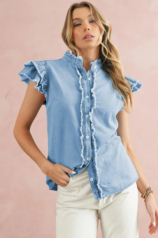 Cotton Denim Button Frill Ruffle Flutter Shirt Top