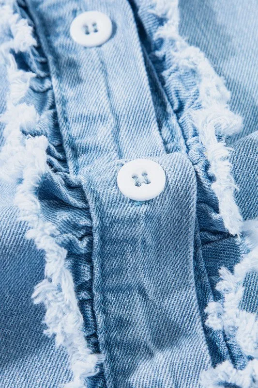 Cotton Denim Button Frill Ruffle Flutter Shirt Top