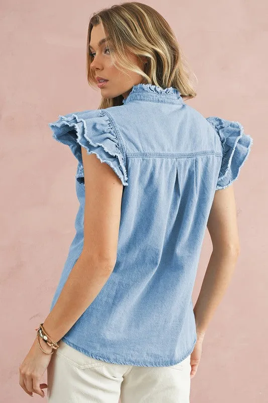 Cotton Denim Button Frill Ruffle Flutter Shirt Top