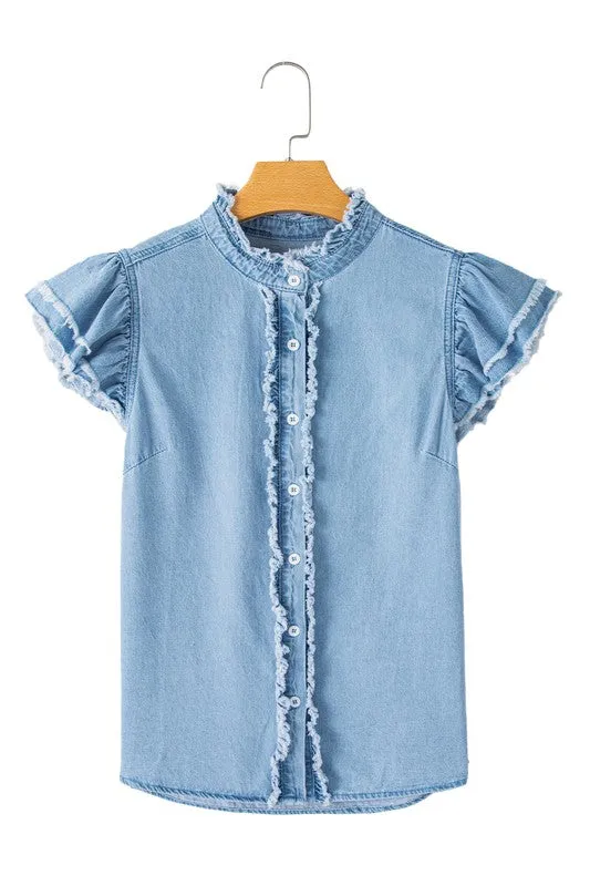 Cotton Denim Button Frill Ruffle Flutter Shirt Top