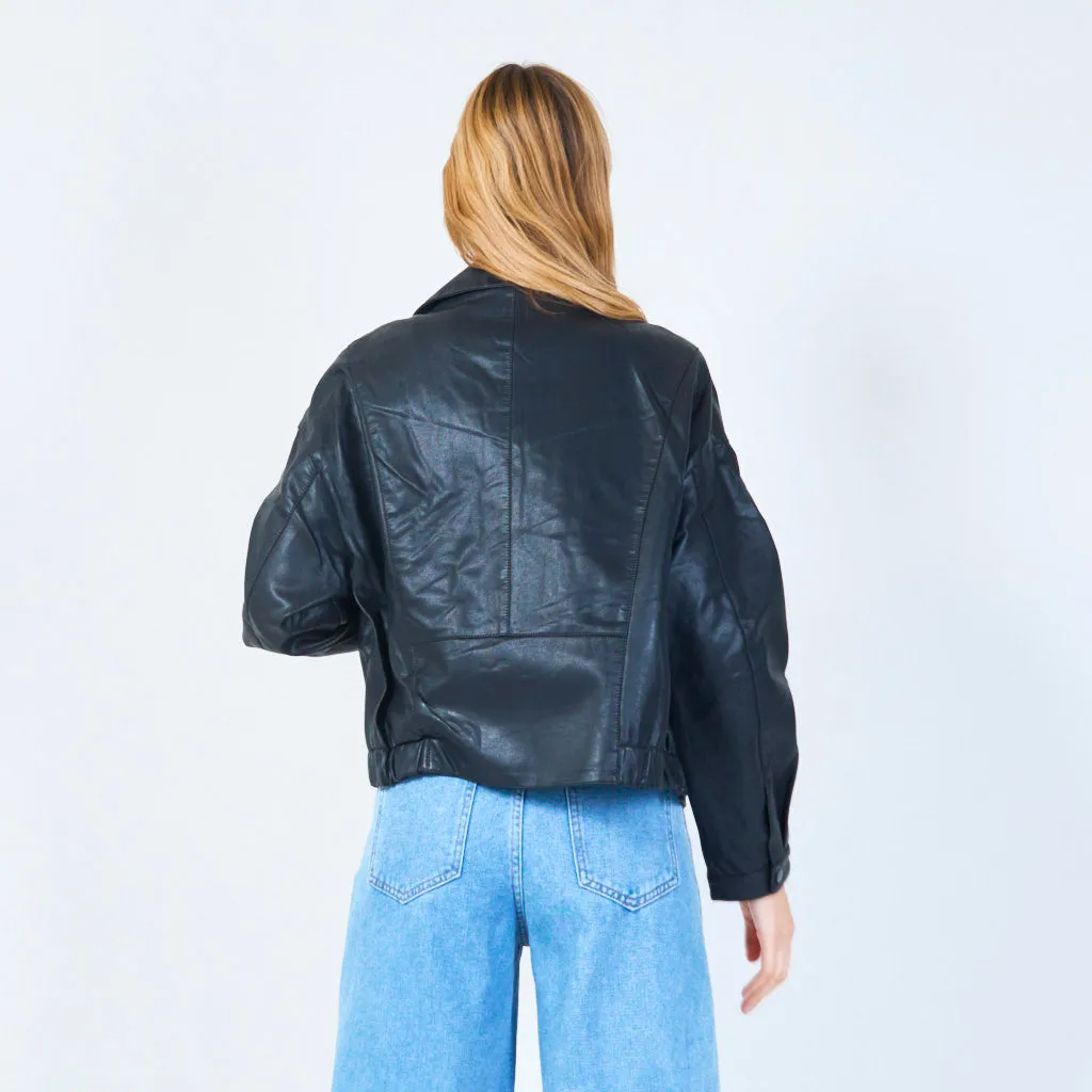 Cropped button-up leather jacket wholesale