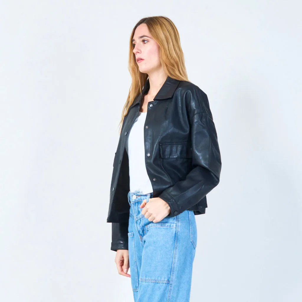 Cropped button-up leather jacket wholesale