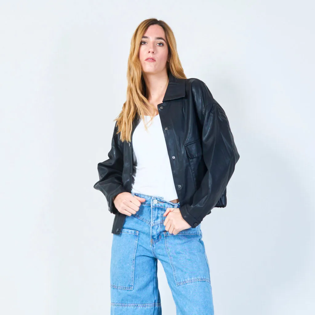 Cropped button-up leather jacket wholesale