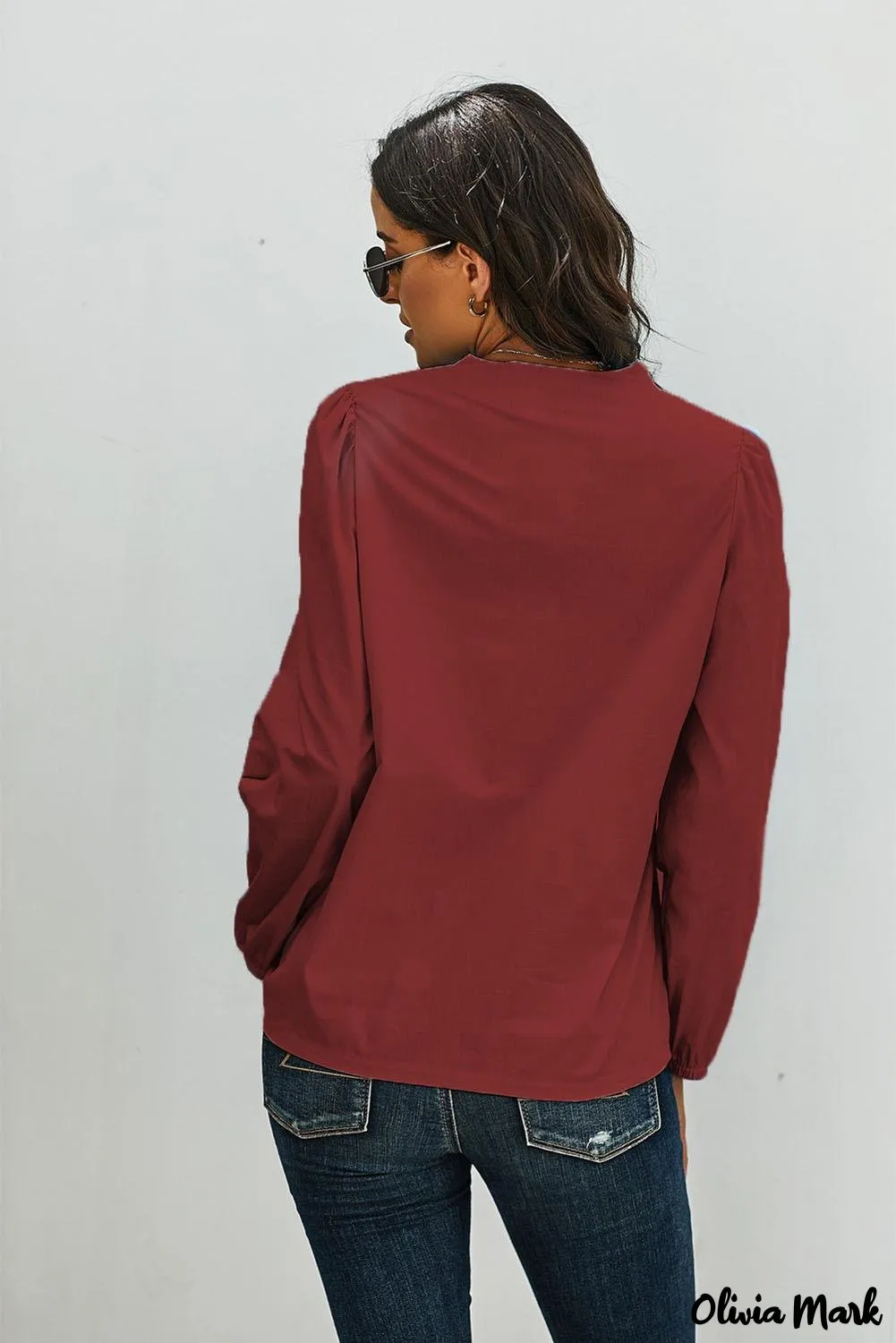 Deanwangkt - Wine Long Sleeve Ruffled Blouse