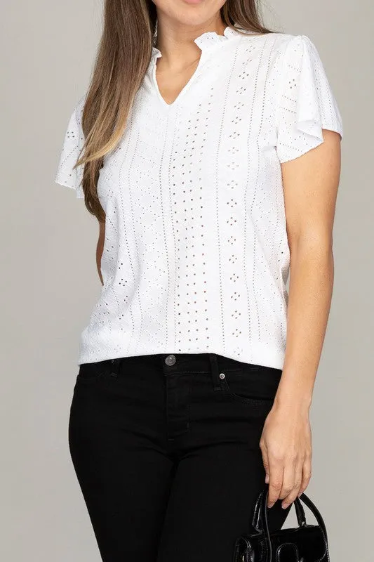 Embroidered Eyelet Blouse With Ruffle