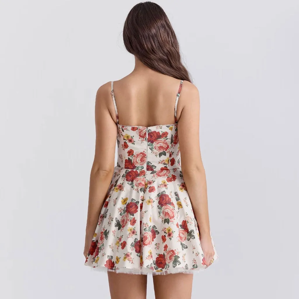 Floating Rose Print Cami Scalloped Bustier Fit and Flare Tulle Mini Sundress