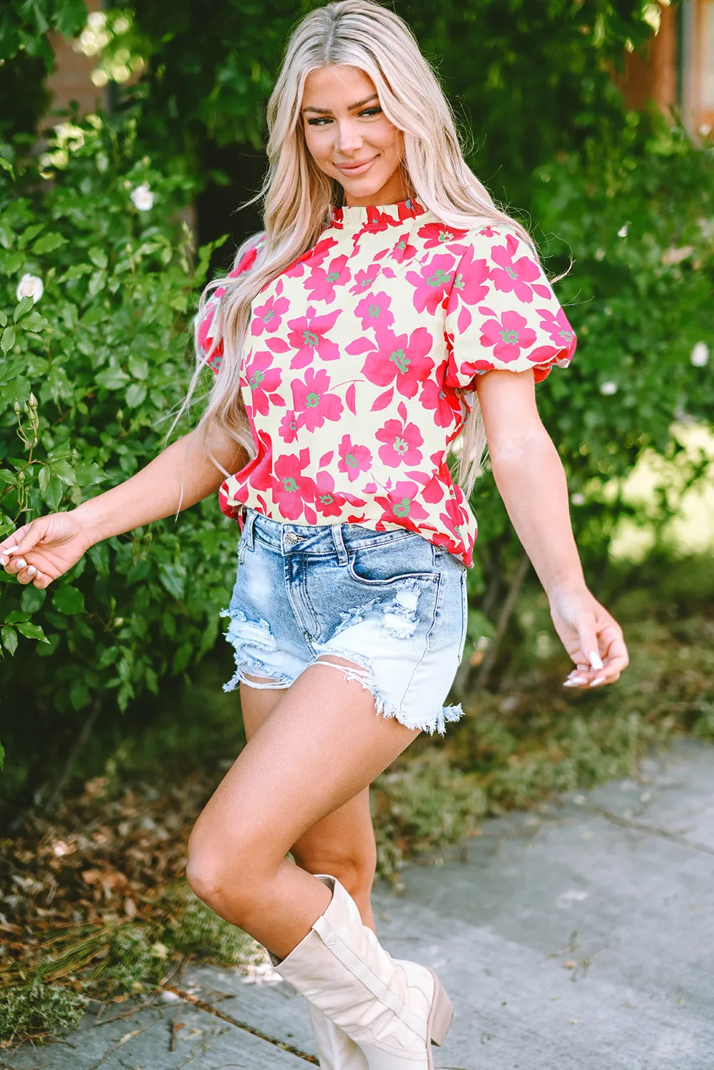 Floral Frilled Neckline Blouse