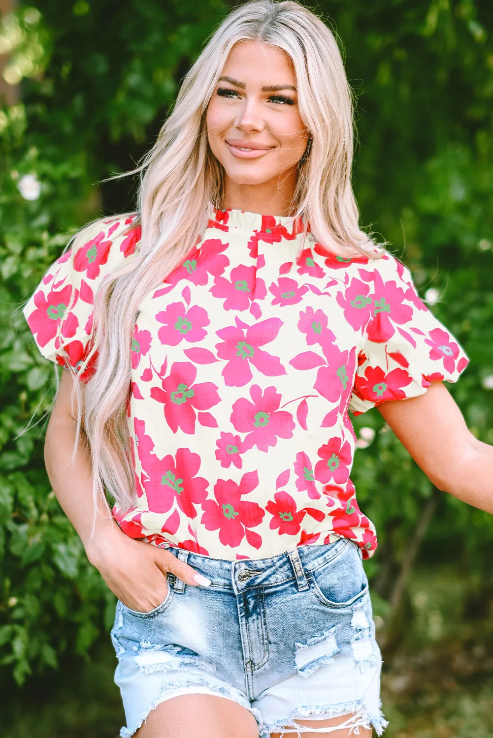 Floral Frilled Neckline Blouse