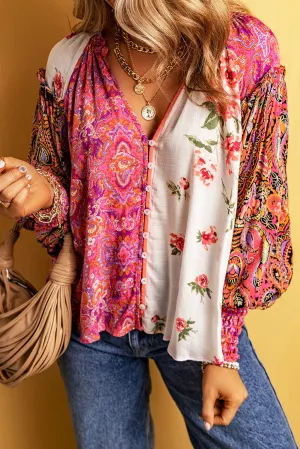 Floral Patchwork Shirred Cuff Blouse