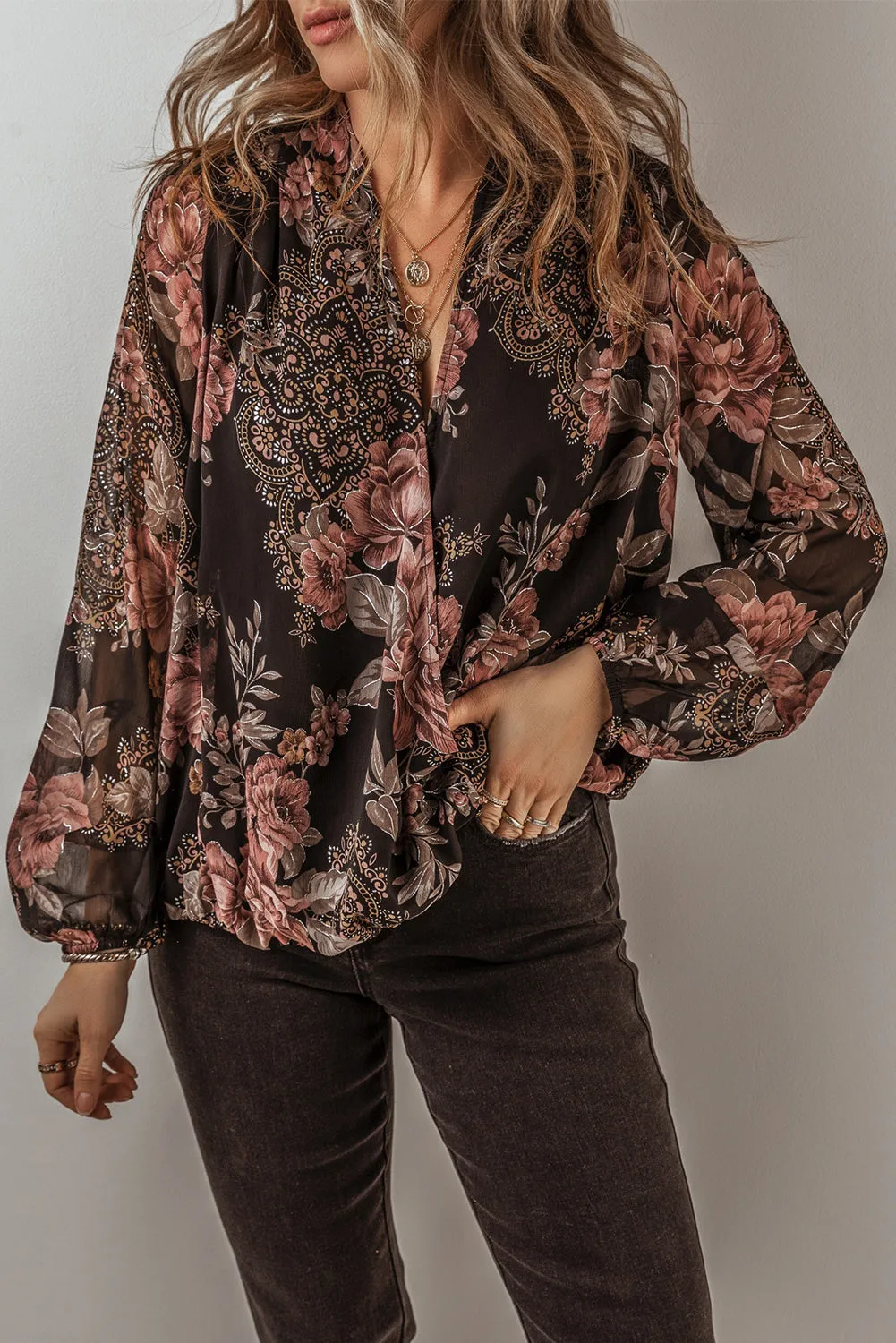 Floral Print Balloon Sleeve Blouse