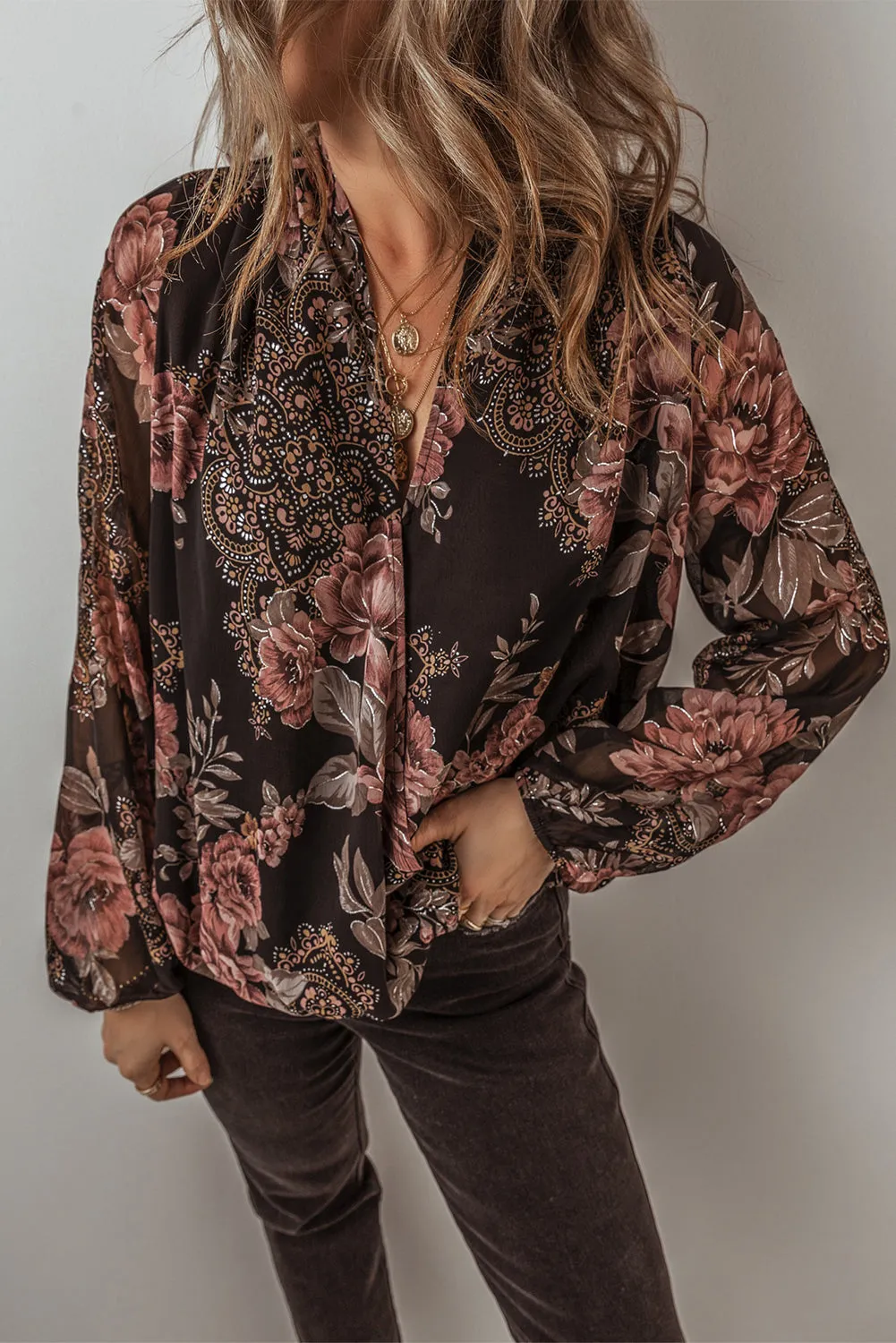 Floral Print Balloon Sleeve Blouse