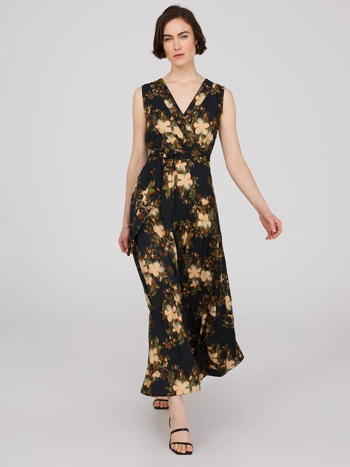 Floral Print Cross-Front Satin Tiered Maxi Dress