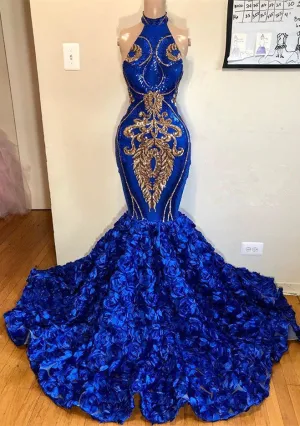 Gorgeous Sleeveless Royal Blue Prom Dresses | Mermaid Flowers Long Evening Gowns BC1213