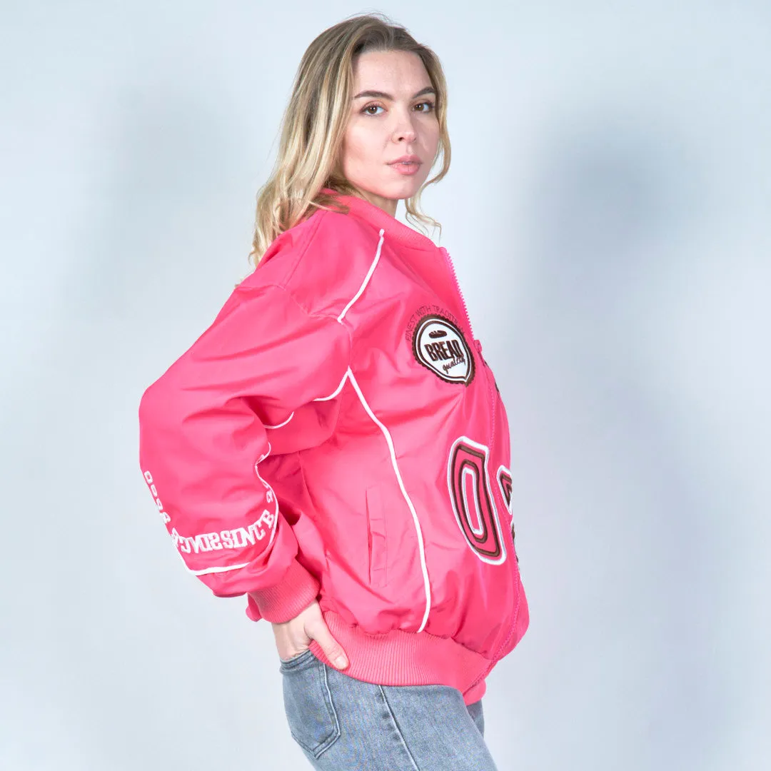 Graphic bomber jacket with zip closure wholesale