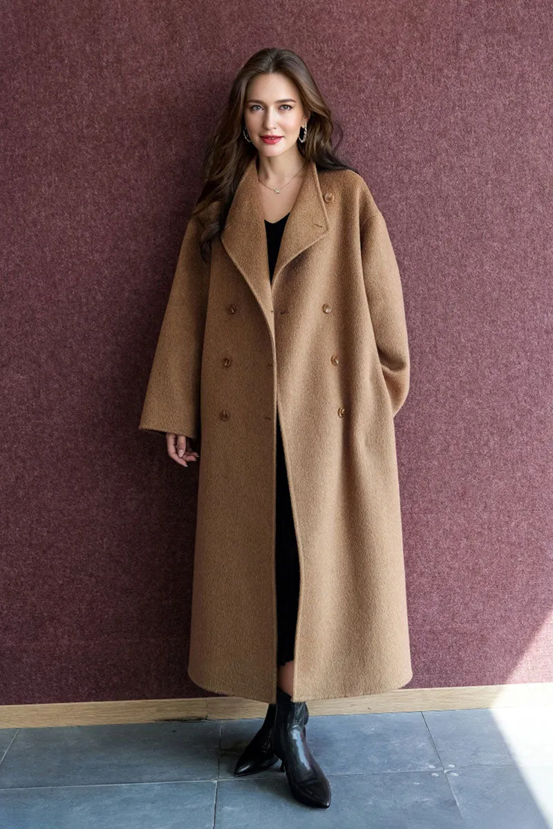 Long Australian Wool Blend Double Breasted Belted Coat with Stand-Up Collar