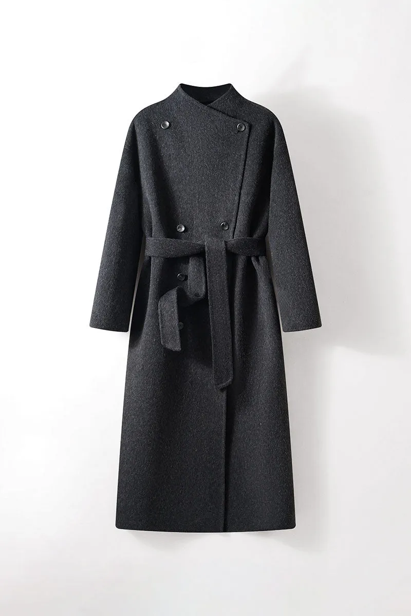 Long Australian Wool Blend Double Breasted Belted Coat with Stand-Up Collar