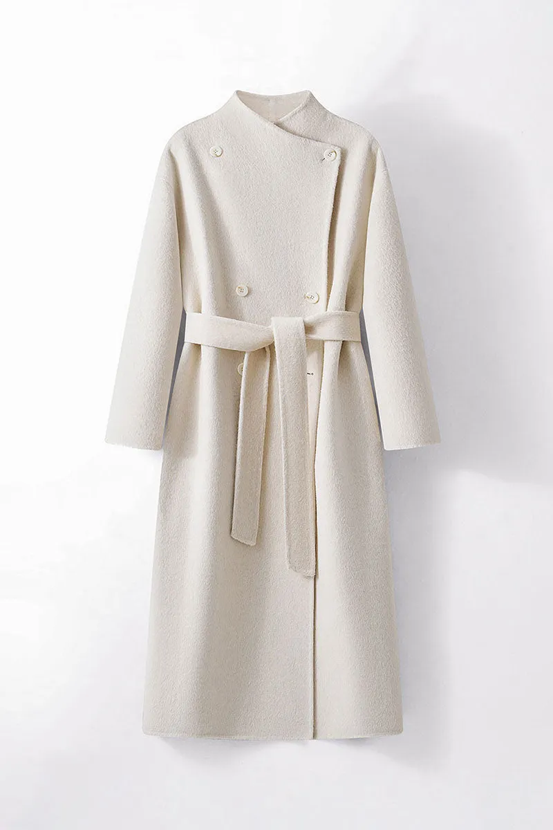 Long Australian Wool Blend Double Breasted Belted Coat with Stand-Up Collar