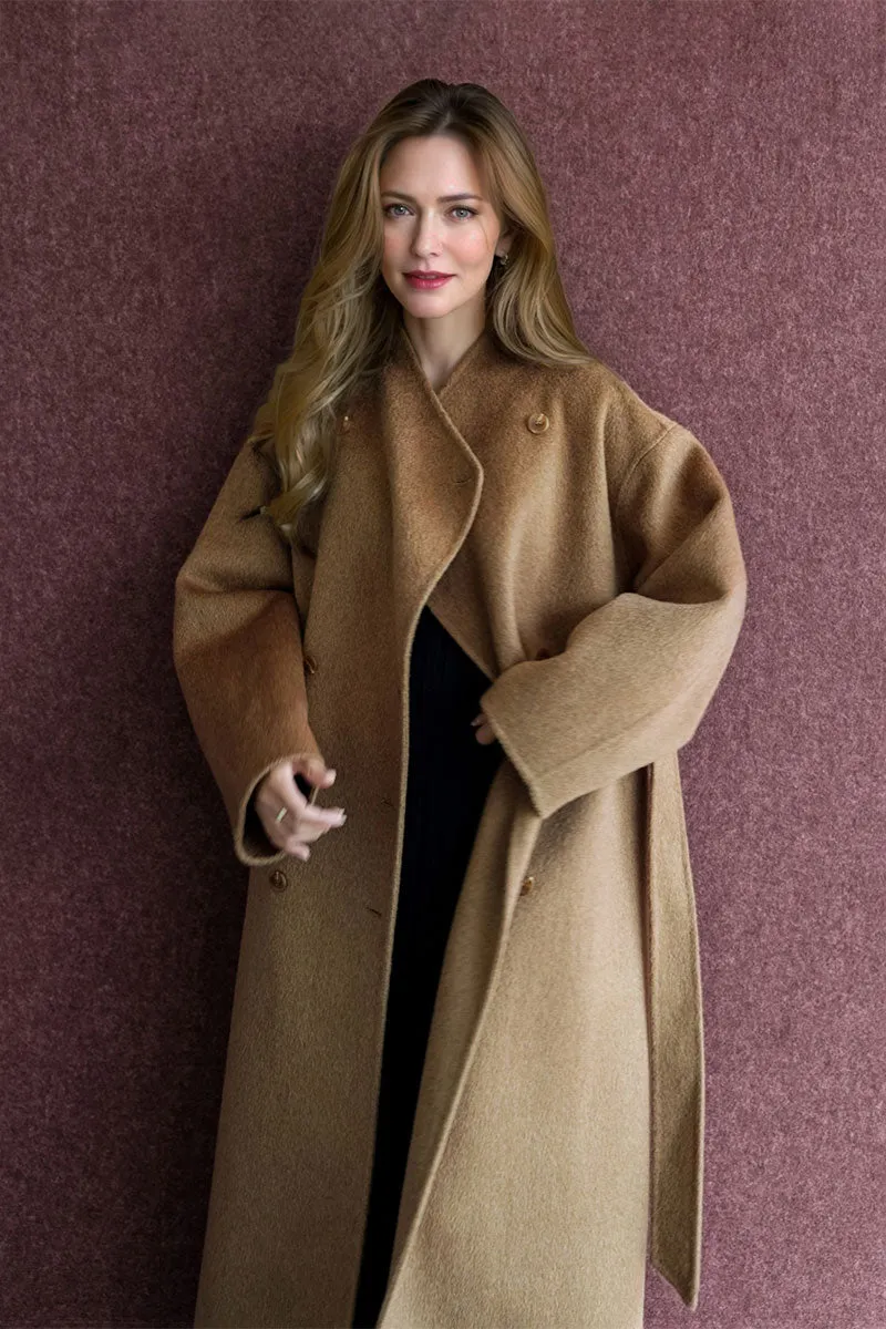 Long Australian Wool Blend Double Breasted Belted Coat with Stand-Up Collar