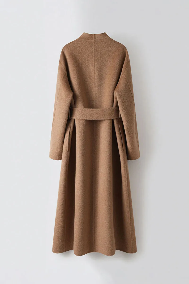 Long Australian Wool Blend Double Breasted Belted Coat with Stand-Up Collar