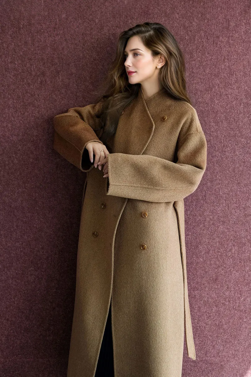 Long Australian Wool Blend Double Breasted Belted Coat with Stand-Up Collar