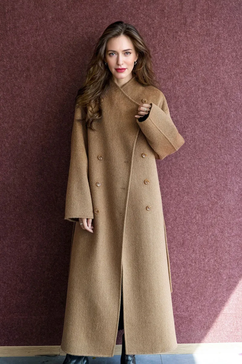 Long Australian Wool Blend Double Breasted Belted Coat with Stand-Up Collar