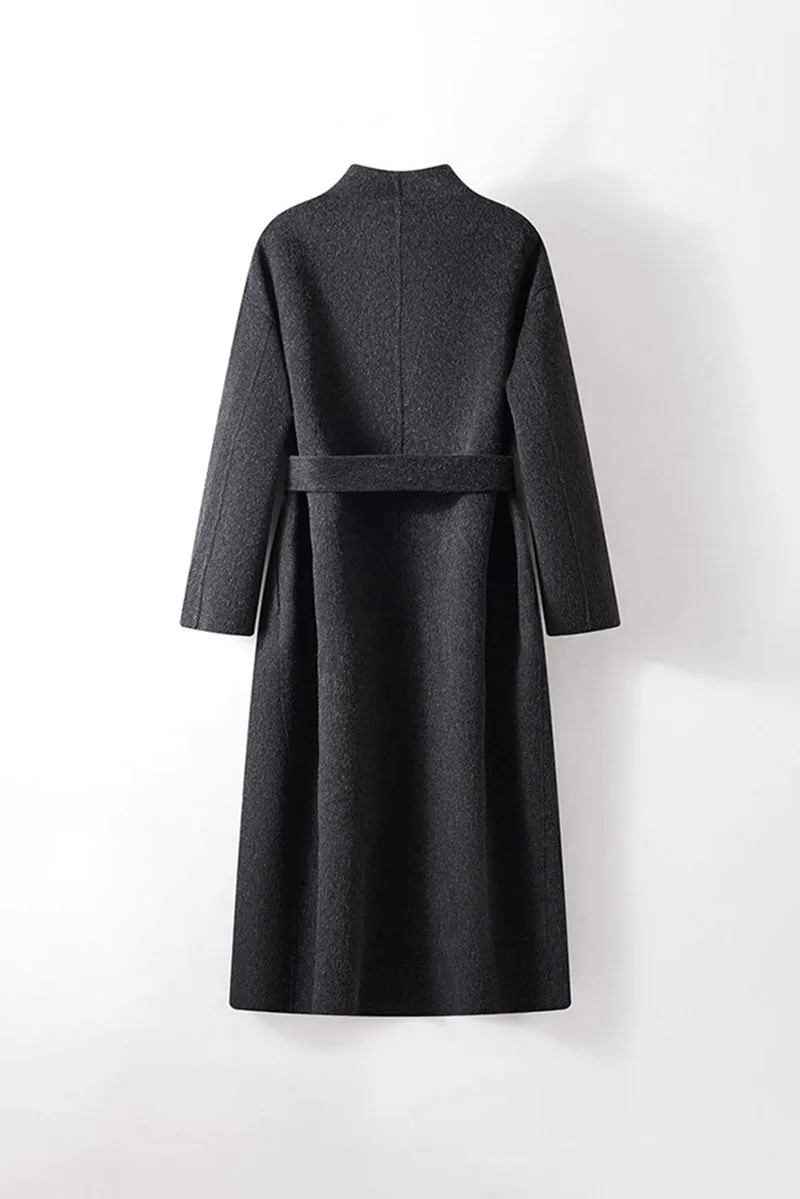 Long Australian Wool Blend Double Breasted Belted Coat with Stand-Up Collar