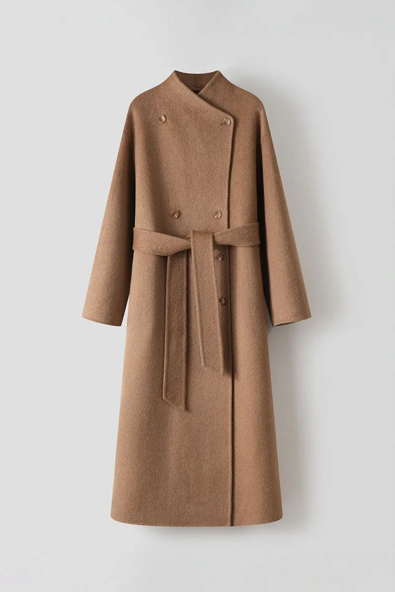 Long Australian Wool Blend Double Breasted Belted Coat with Stand-Up Collar