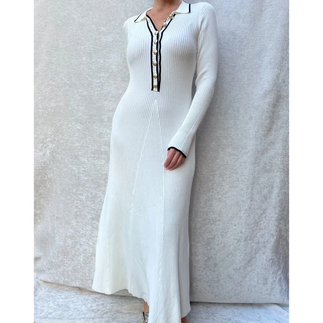 LYRA Ivory Long Sleeve Flowy Fitted Midi Knit Dress