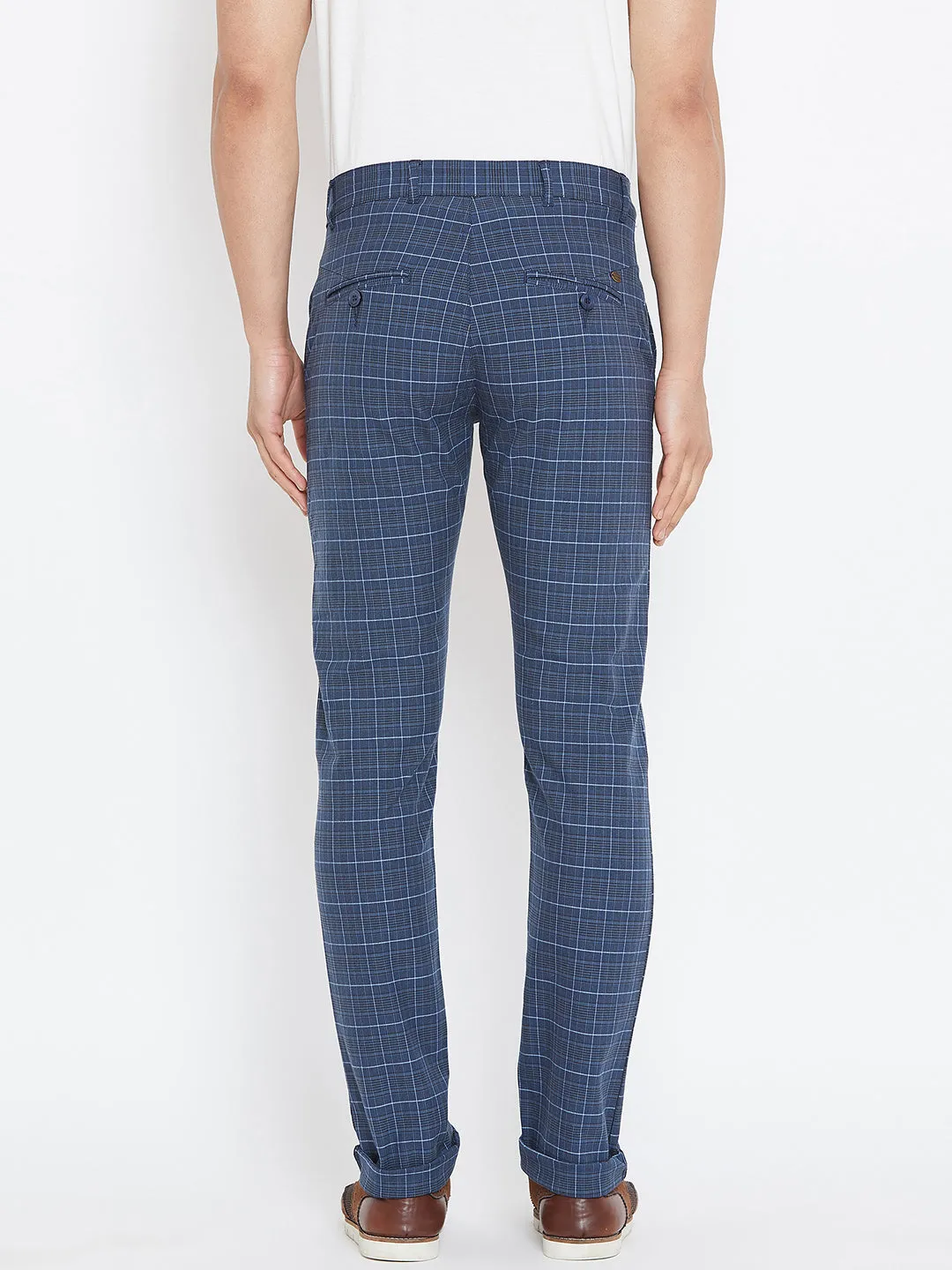 Men Blue Relaxed Fit Casual Checked Chinos