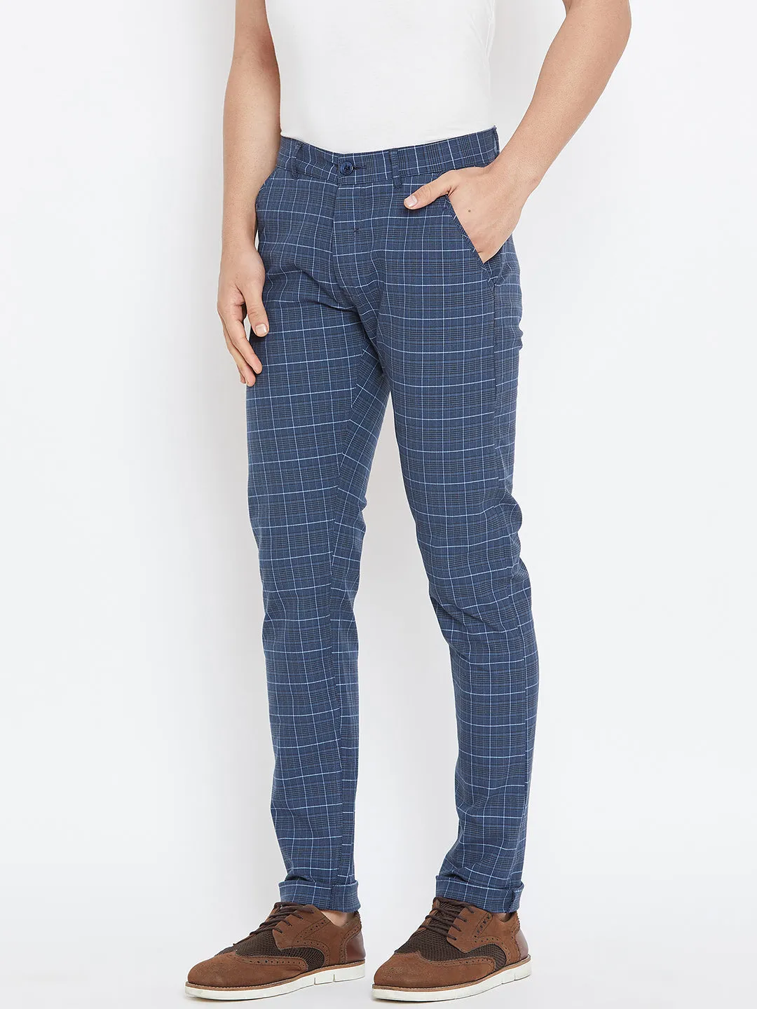 Men Blue Relaxed Fit Casual Checked Chinos