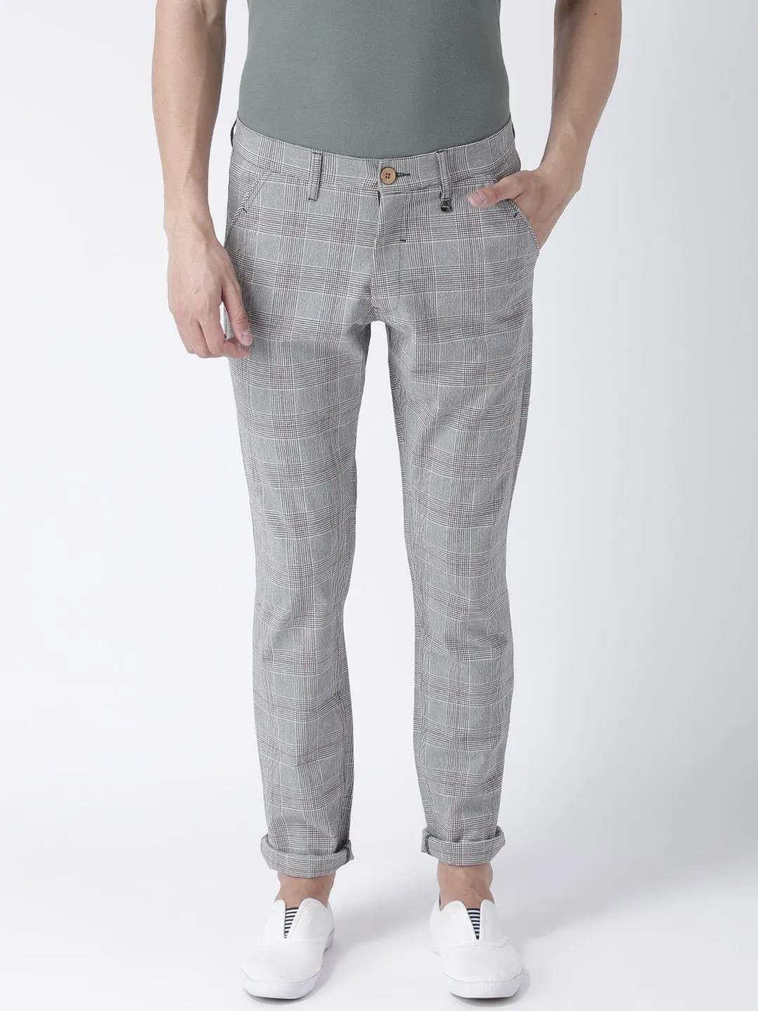 Men Grey Melange Relaxed  Fit Checked Chinos