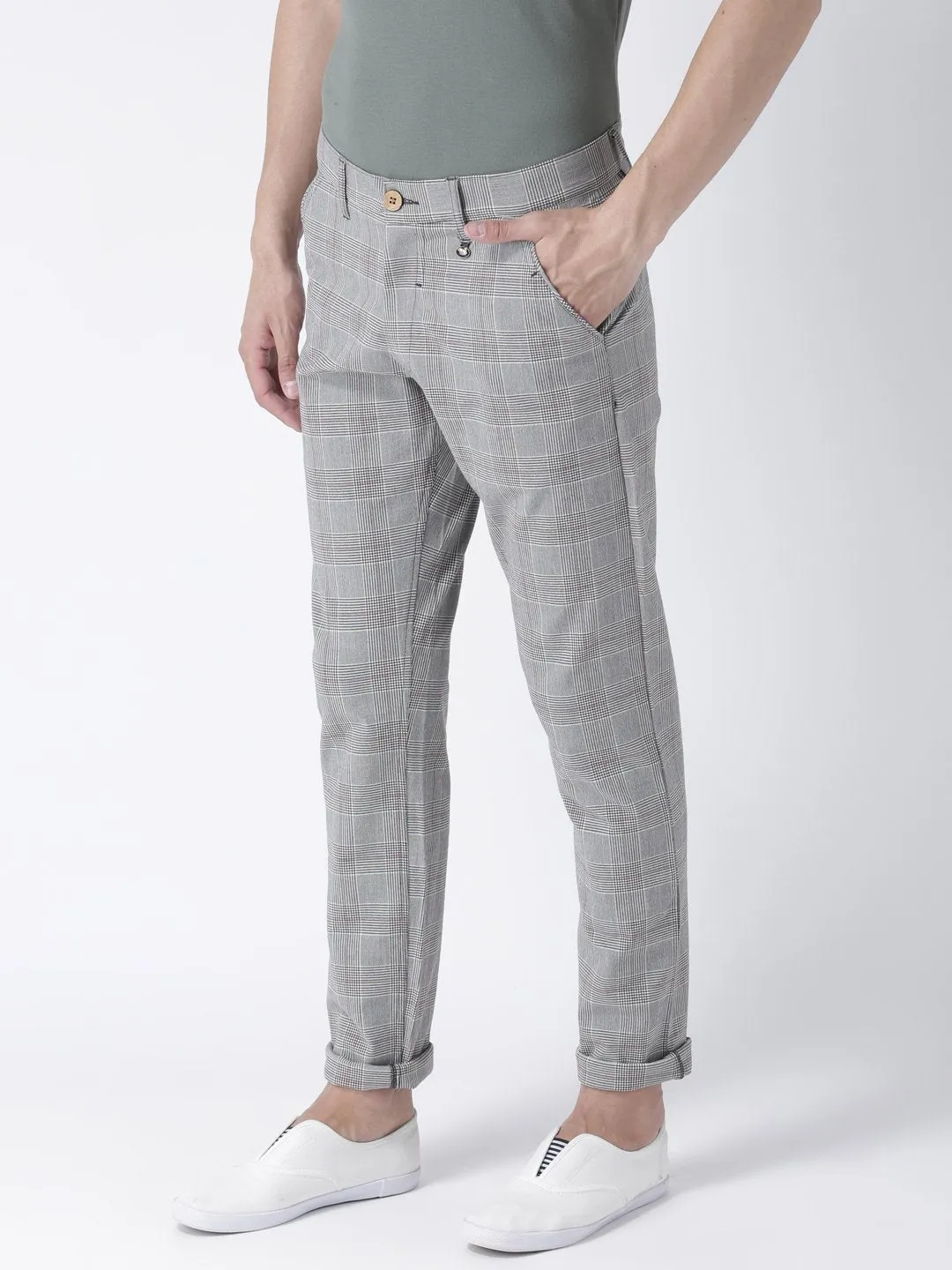 Men Grey Melange Relaxed  Fit Checked Chinos