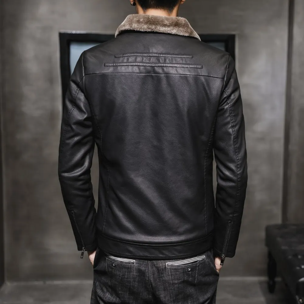 Men's Warm Vegan Leather Flight Jacket with Fleece Fur Collar | Ideal for Autumn/Winter