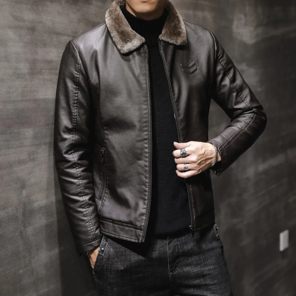 Men's Warm Vegan Leather Flight Jacket with Fleece Fur Collar | Ideal for Autumn/Winter